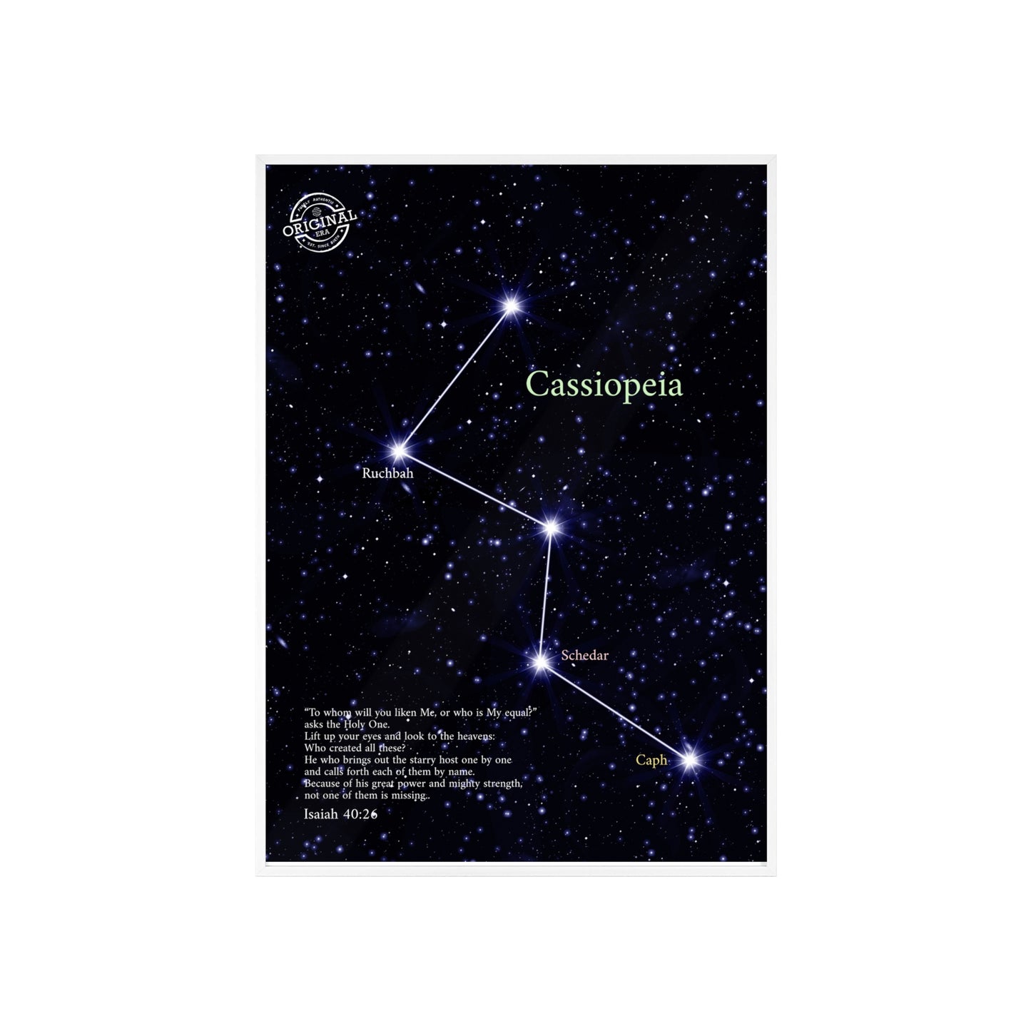 Cassiopeia Constellation Poster with Wooden Frame — Star Map Wall Art