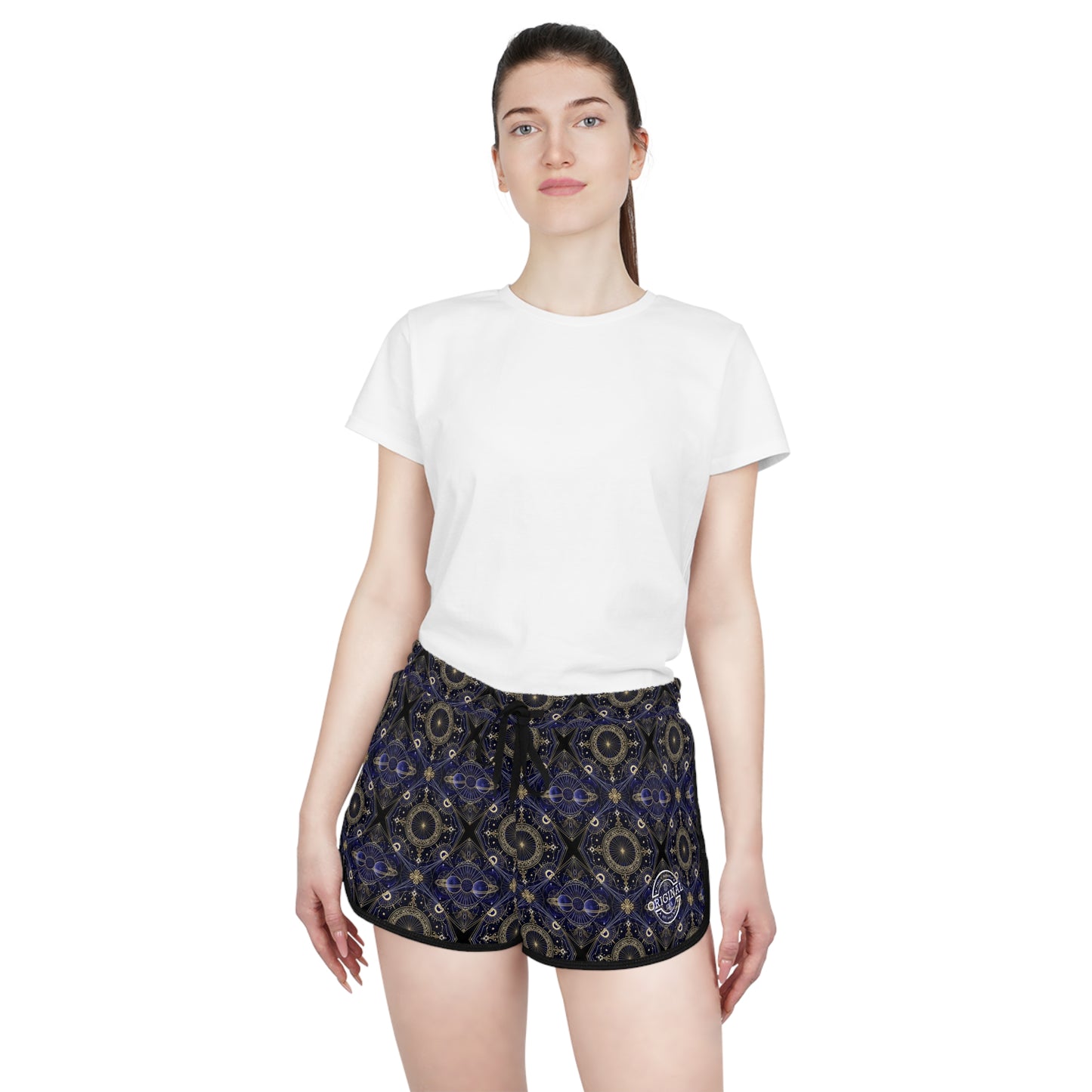 Boho Mosaic Women's Relaxed Shorts — Navy Gold Patterned Lounge & Festival Swim Cover-Up