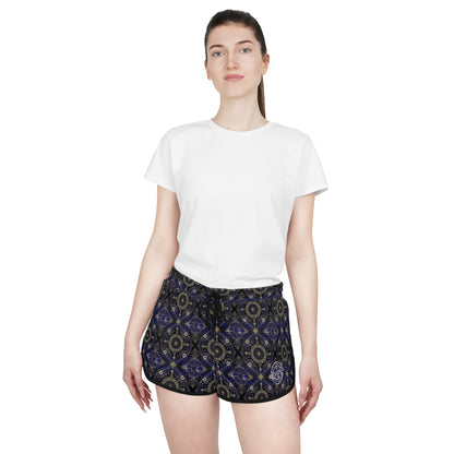 Boho Mosaic Women's Relaxed Shorts — Navy Gold Patterned Lounge & Festival Swim Cover-Up