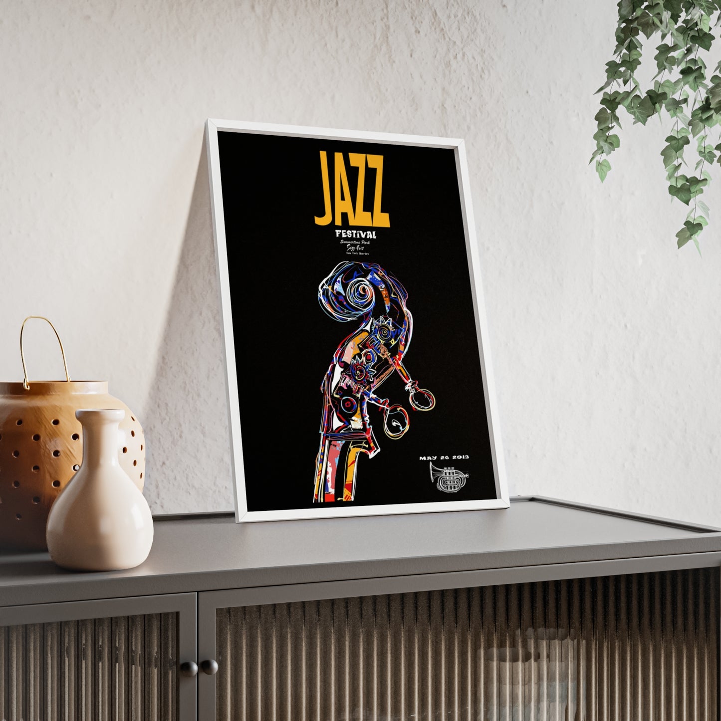 Jazz Festival Poster with Wooden Frame — Colorful Double Bass Art Print
