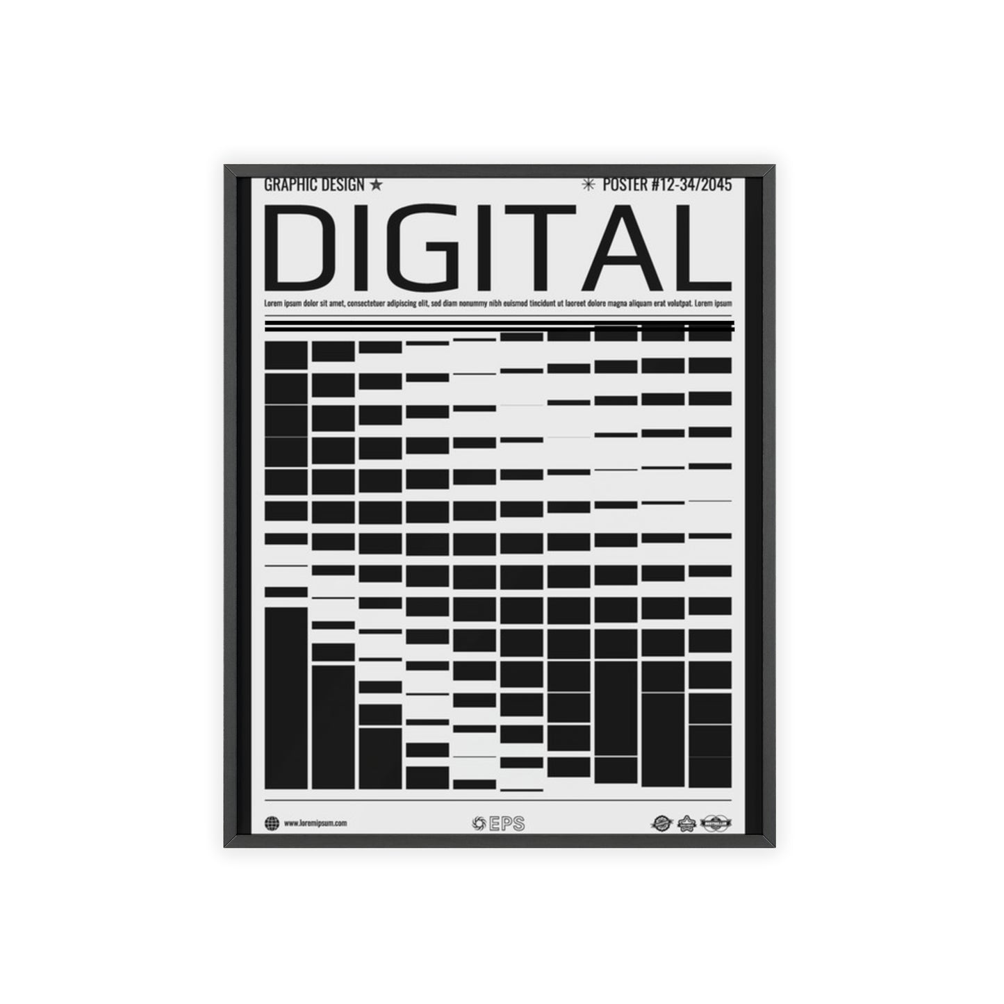 Digital Grid Poster with Wooden Frame — Modern Black & White Wall Art