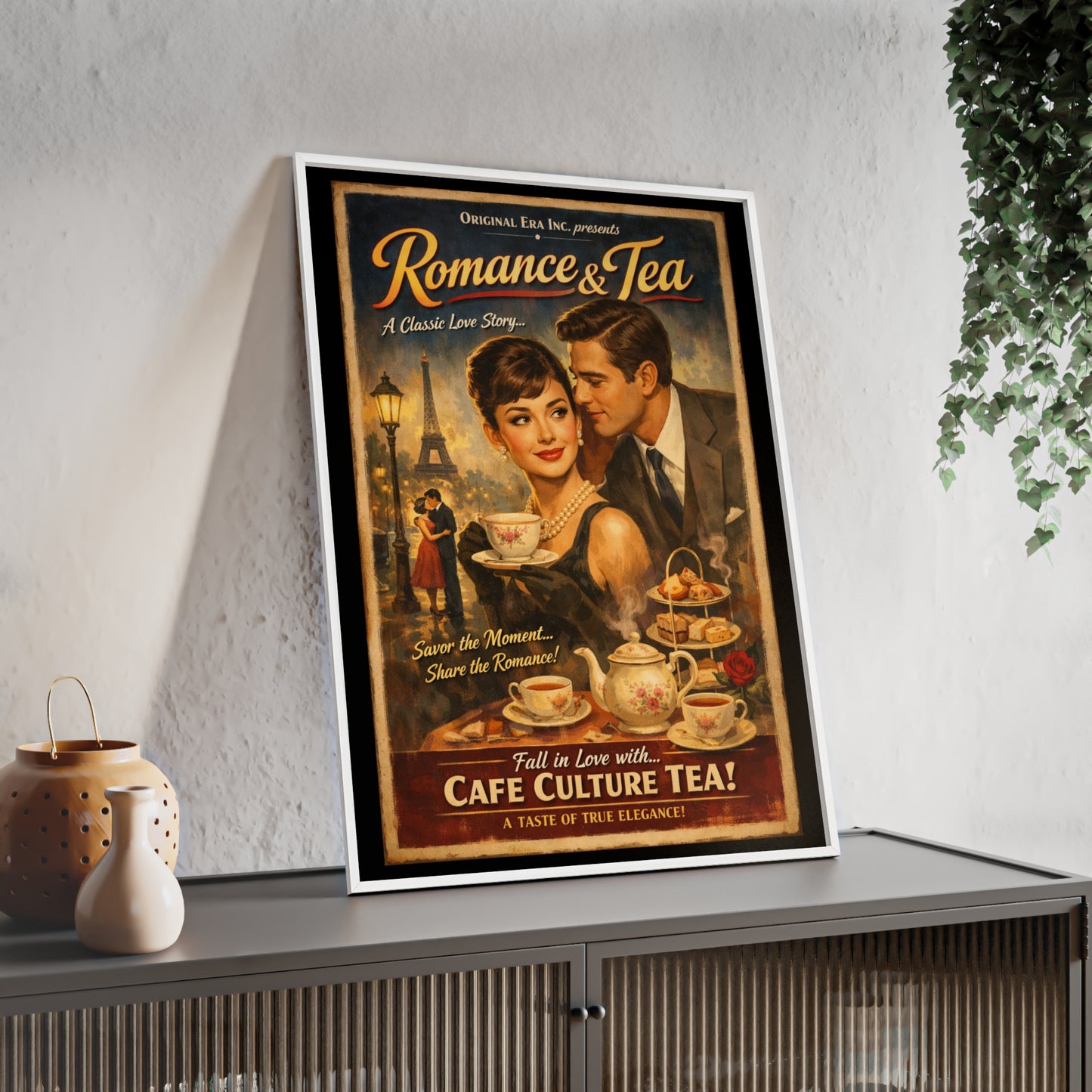 Romance & Tea Vintage Cafe Poster — Framed Wall Art