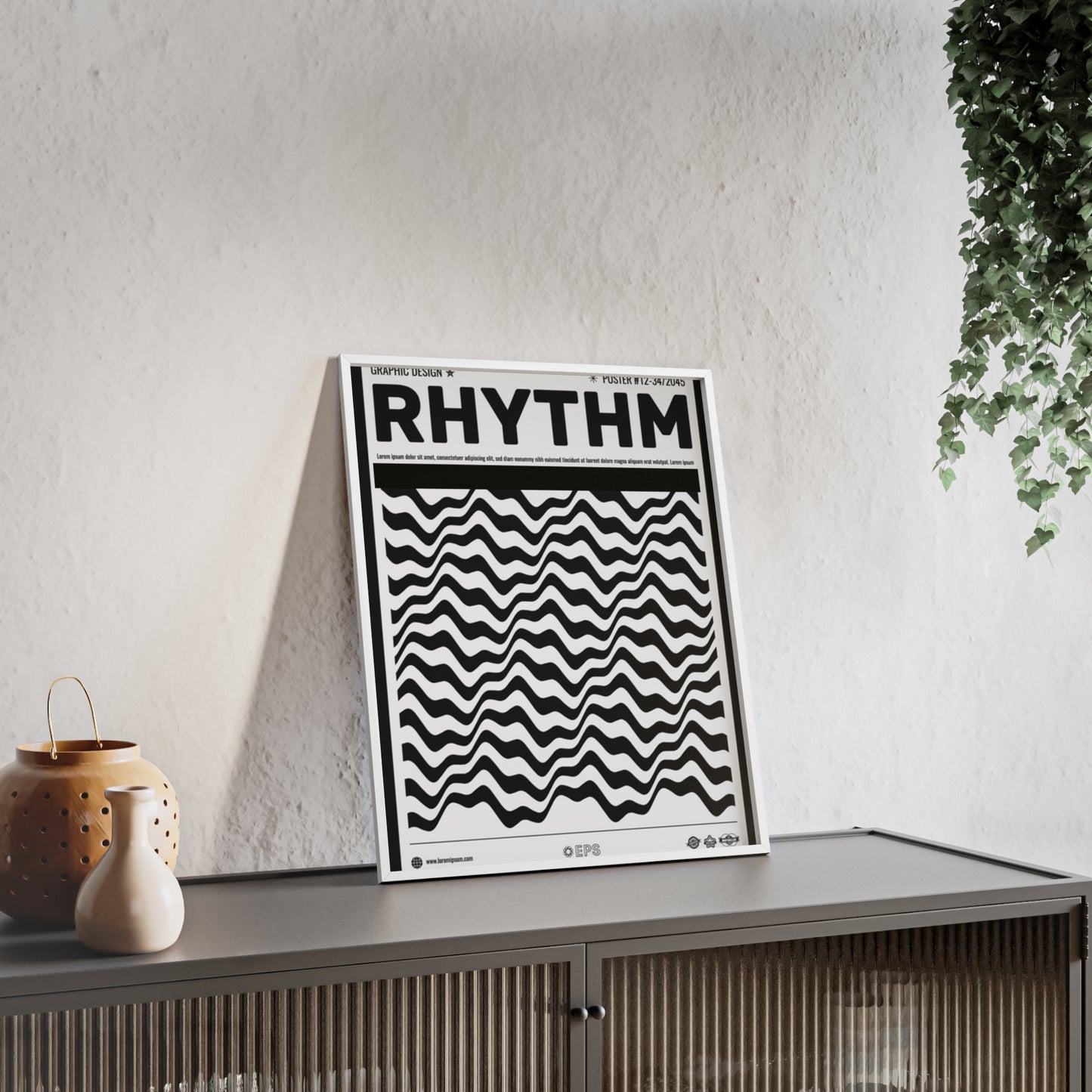 Rhythm Wave Art Poster with Wooden Frame — Black & White Modern Wall Print