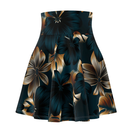 Floral Midnight Hawaiian Skater Skirt — Dark Teal & Gold