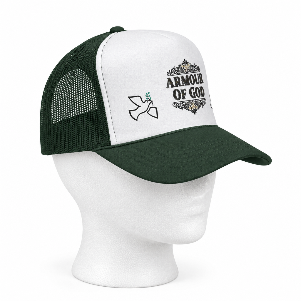 Armor of God Trucker Hat — Christian Faith Baseball Cap with Dove & 'Original' Seal