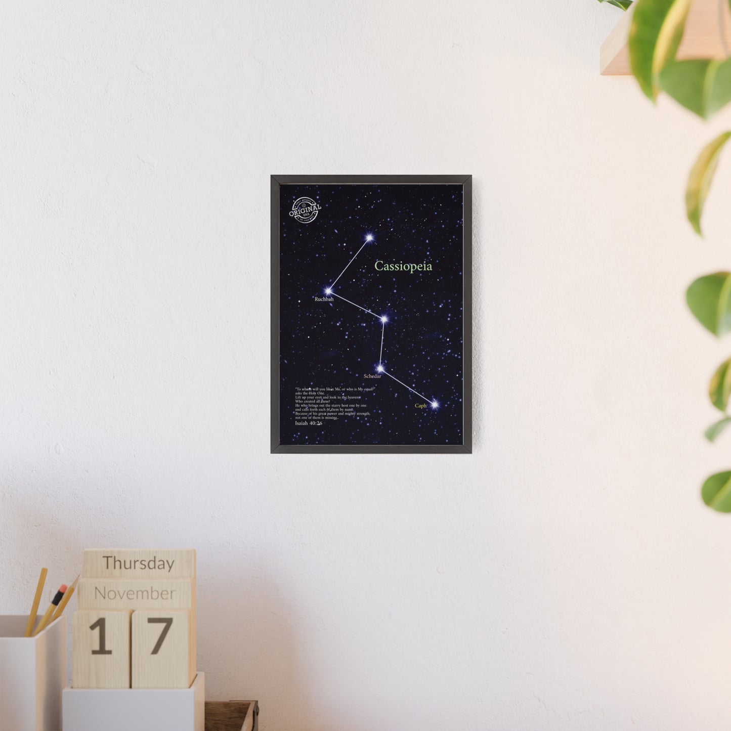 Cassiopeia Constellation Poster with Wooden Frame — Star Map Wall Art