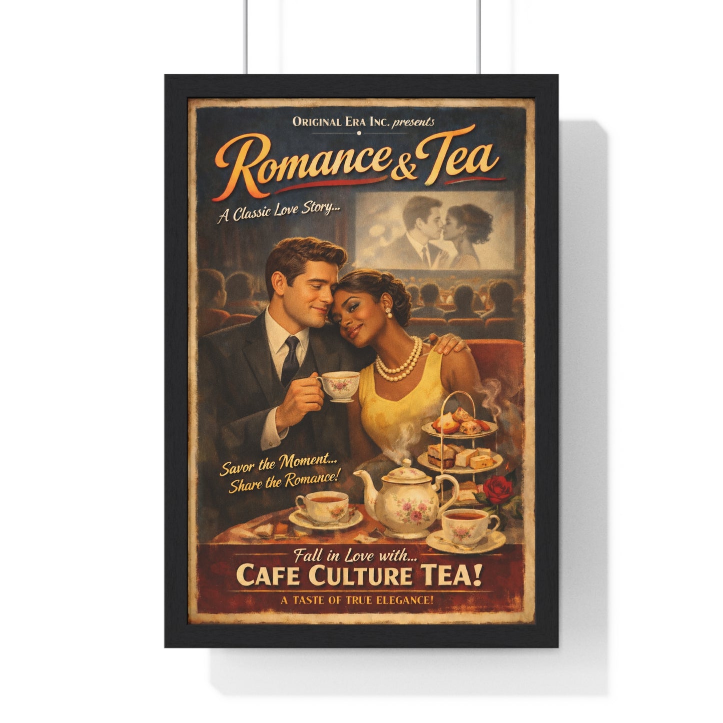 Romance & Tea Vintage Café Poster — Framed Wall Art