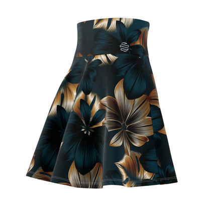 Floral Midnight Hawaiian Skater Skirt — Dark Teal & Gold