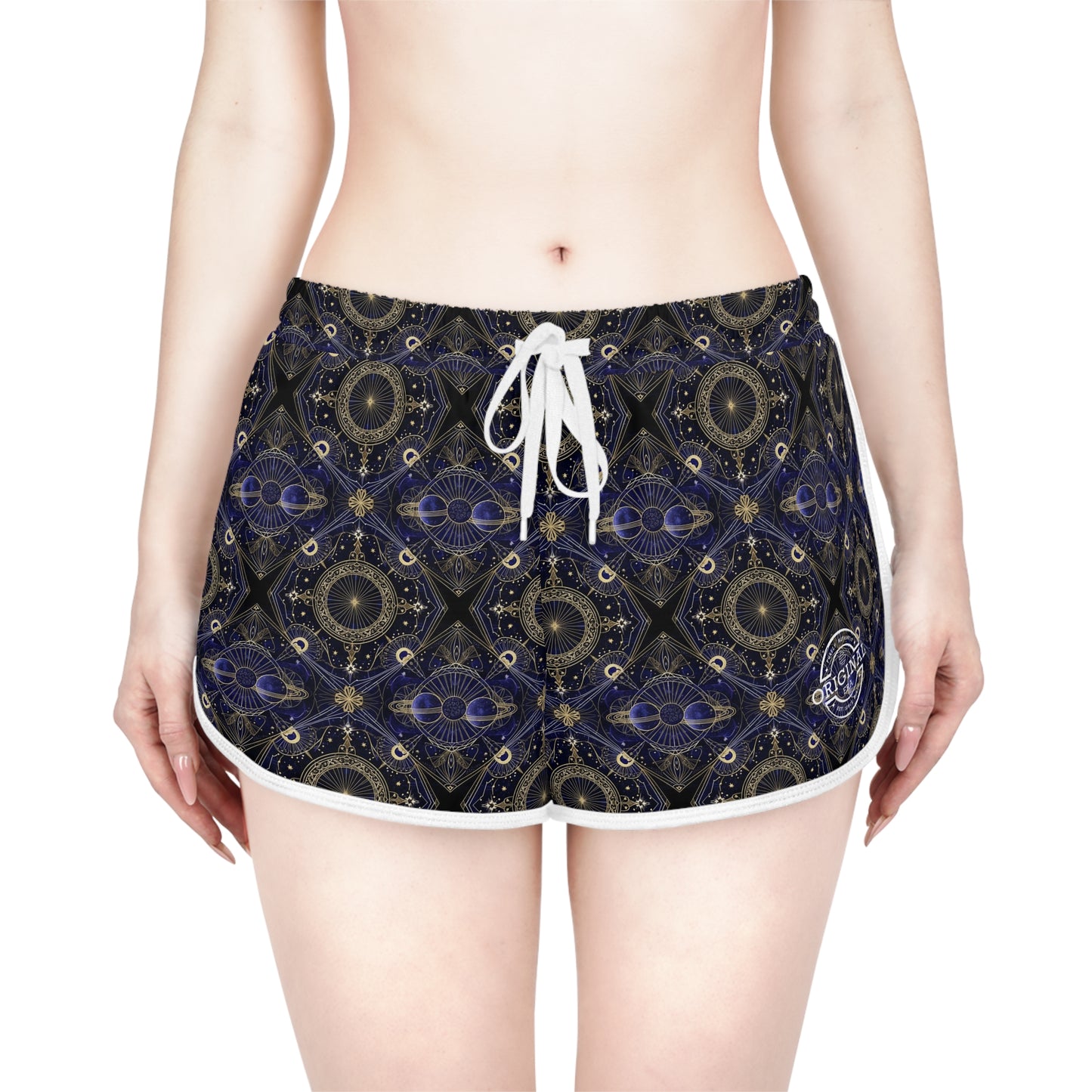 Boho Mosaic Women's Relaxed Shorts — Navy Gold Patterned Lounge & Festival Swim Cover-Up