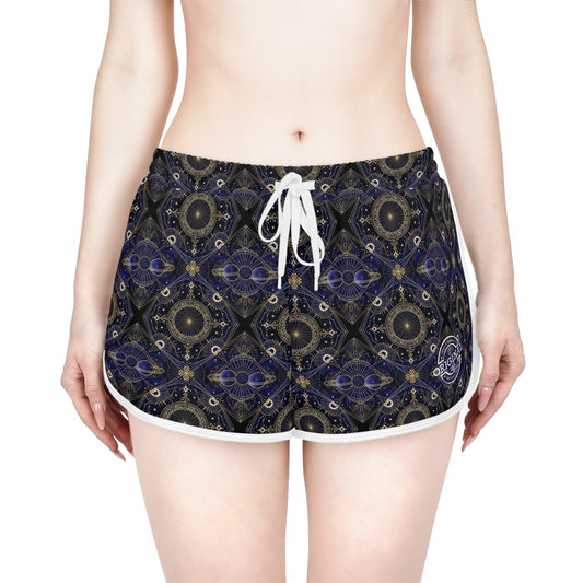 Boho Mosaic Women's Relaxed Shorts — Navy Gold Patterned Lounge & Festival Swim Cover-Up