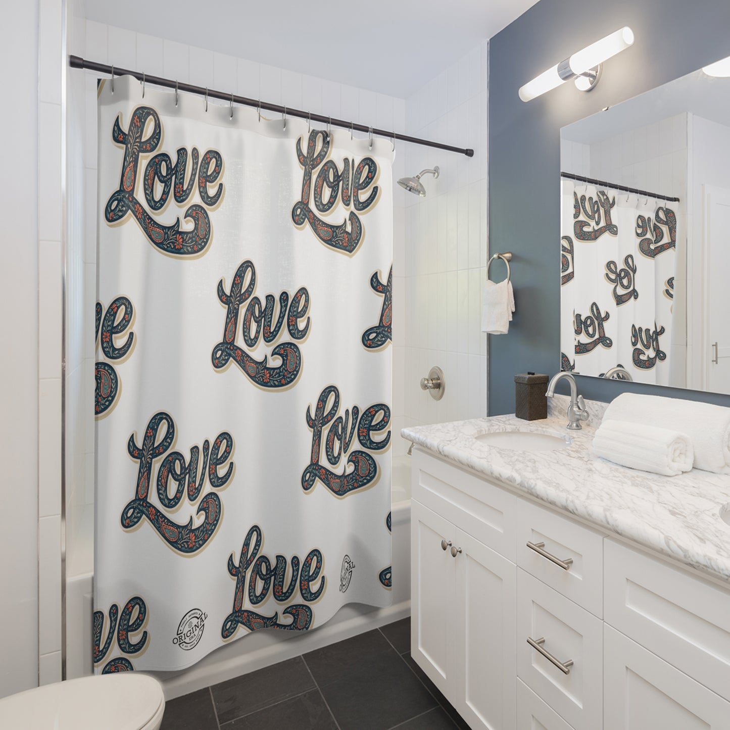 Love Pattern Shower Curtain (White) — Retro Paisley Script Bathroom Decor