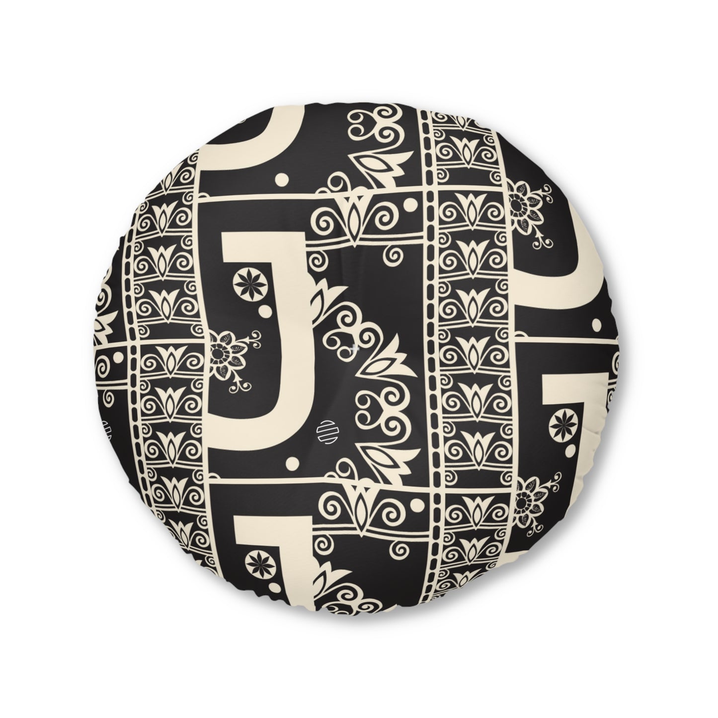 Round Tufted Floor Pillow — Black & Cream Geometric Jojo