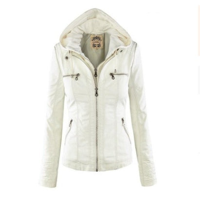 Women's Casual Leather Zipper Jacket With Detachable Hood