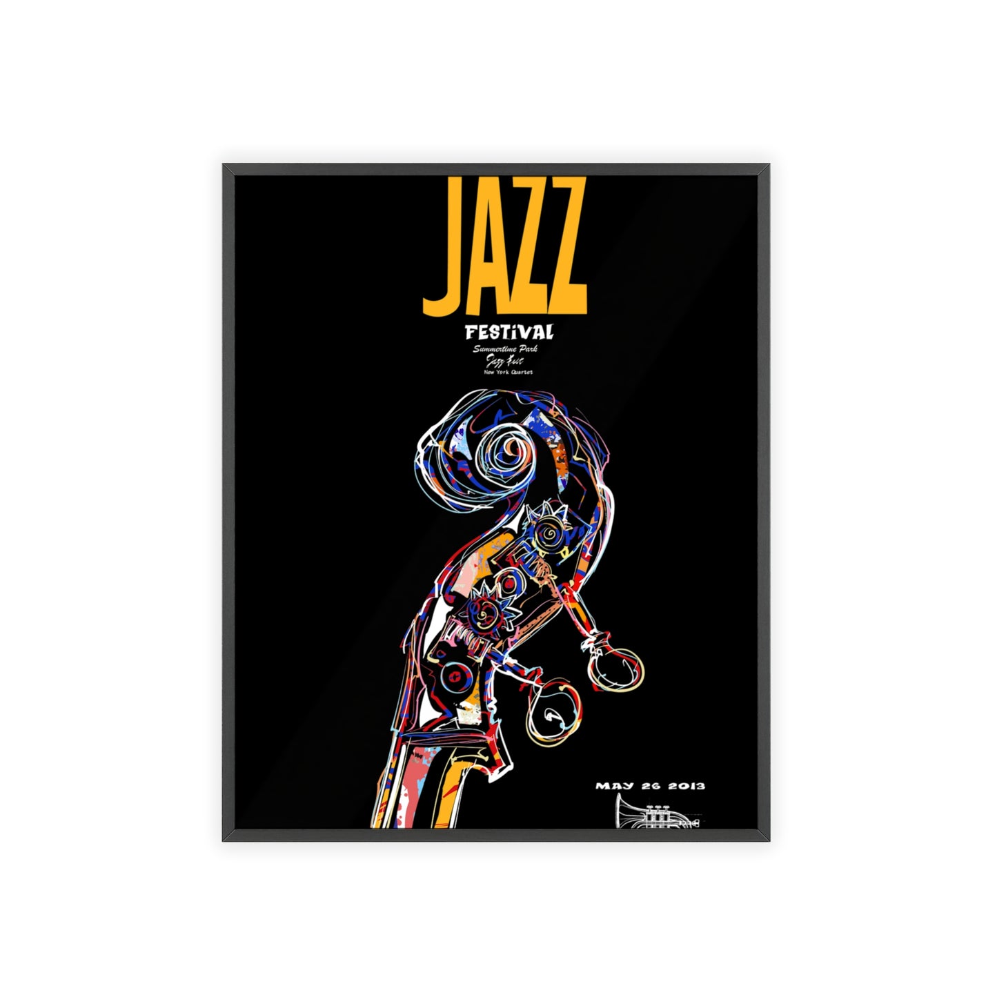 Jazz Festival Poster with Wooden Frame — Colorful Double Bass Art Print