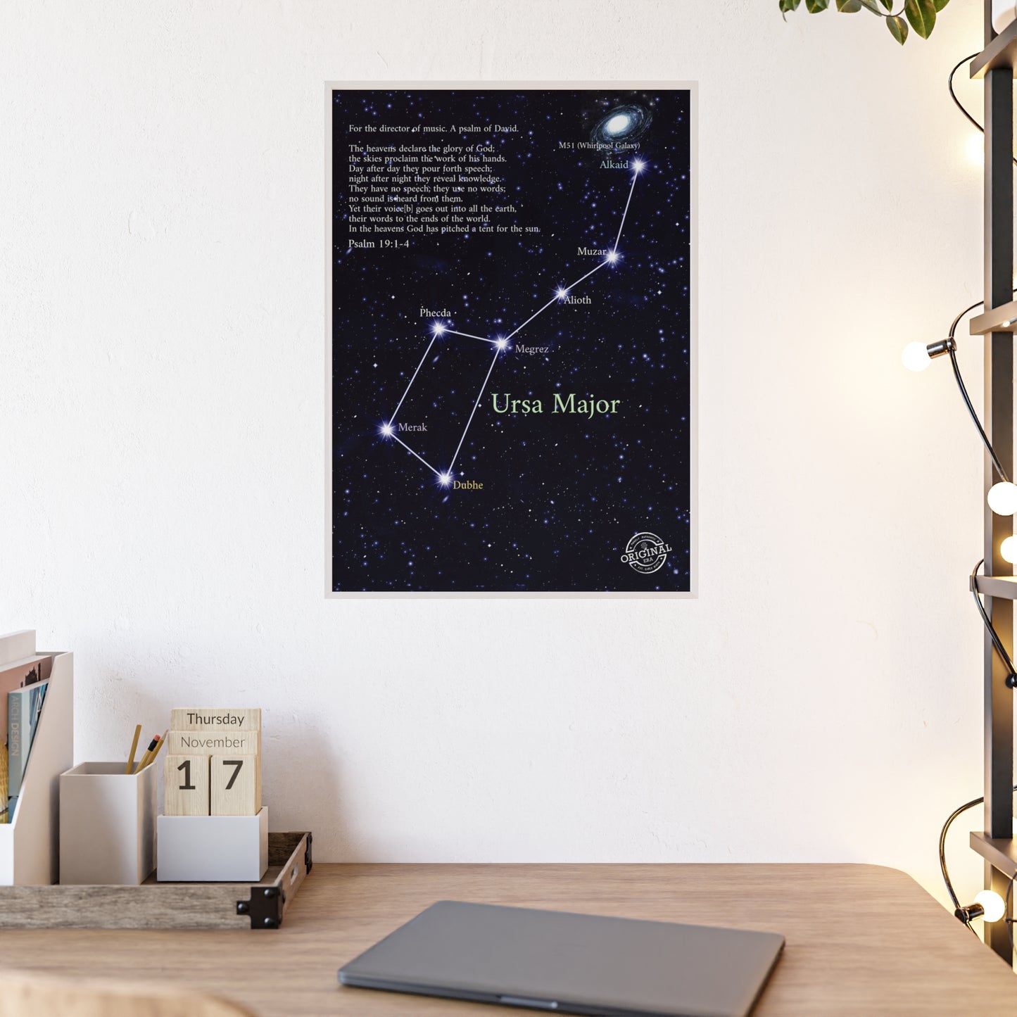 Ursa Major Constellation Star Map Poster with Wooden Frame — Astrology Wall Art
