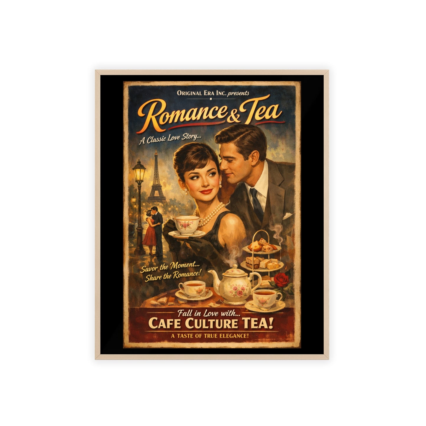 Romance & Tea Vintage Cafe Poster — Framed Wall Art