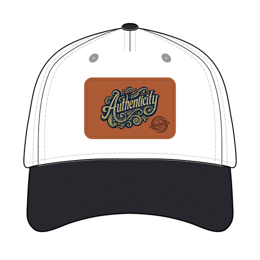 Authenticity Leather Patch Baseball Cap — Vintage Script Mid-Profile Hat