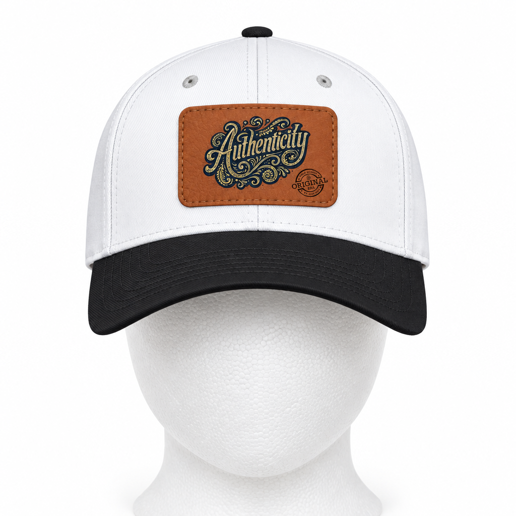 Authenticity Leather Patch Baseball Cap — Vintage Script Mid-Profile Hat