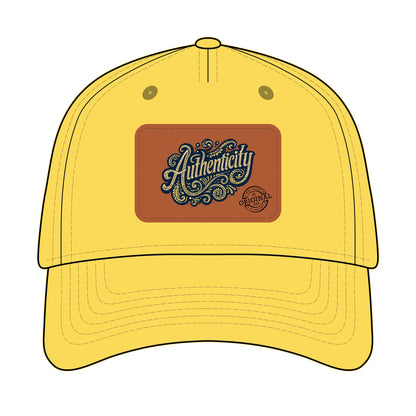 Authenticity Leather Patch Baseball Cap — Vintage Script Mid-Profile Hat