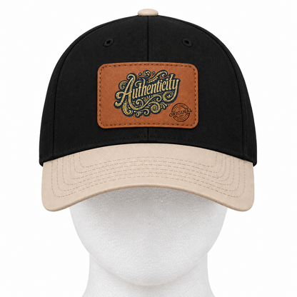 Authenticity Leather Patch Baseball Cap — Vintage Script Mid-Profile Hat