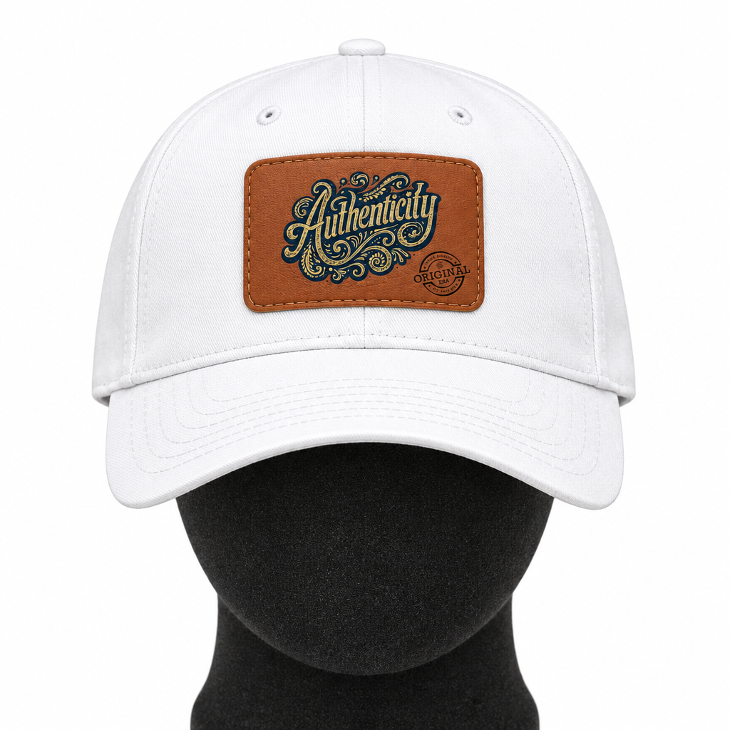 Authenticity Leather Patch Baseball Cap — Vintage Script Mid-Profile Hat