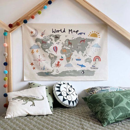 Nordic Style World Map Canvas Wall Art for Kids Room