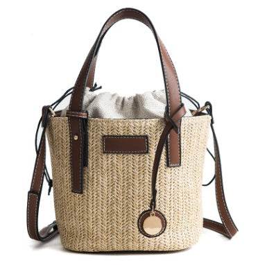 Women's bag hand-woven contrast color bucket straw bag cylinder handbag diagonal shoulder beach bag
