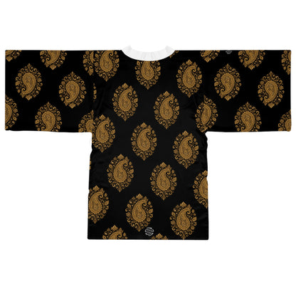 Black & Gold Paisley Kimono Robe - Long Sleeve Japanese Style Wrap