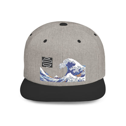 Snapback Hat — Blue Wave Japanese Art Flat-Bill Cap