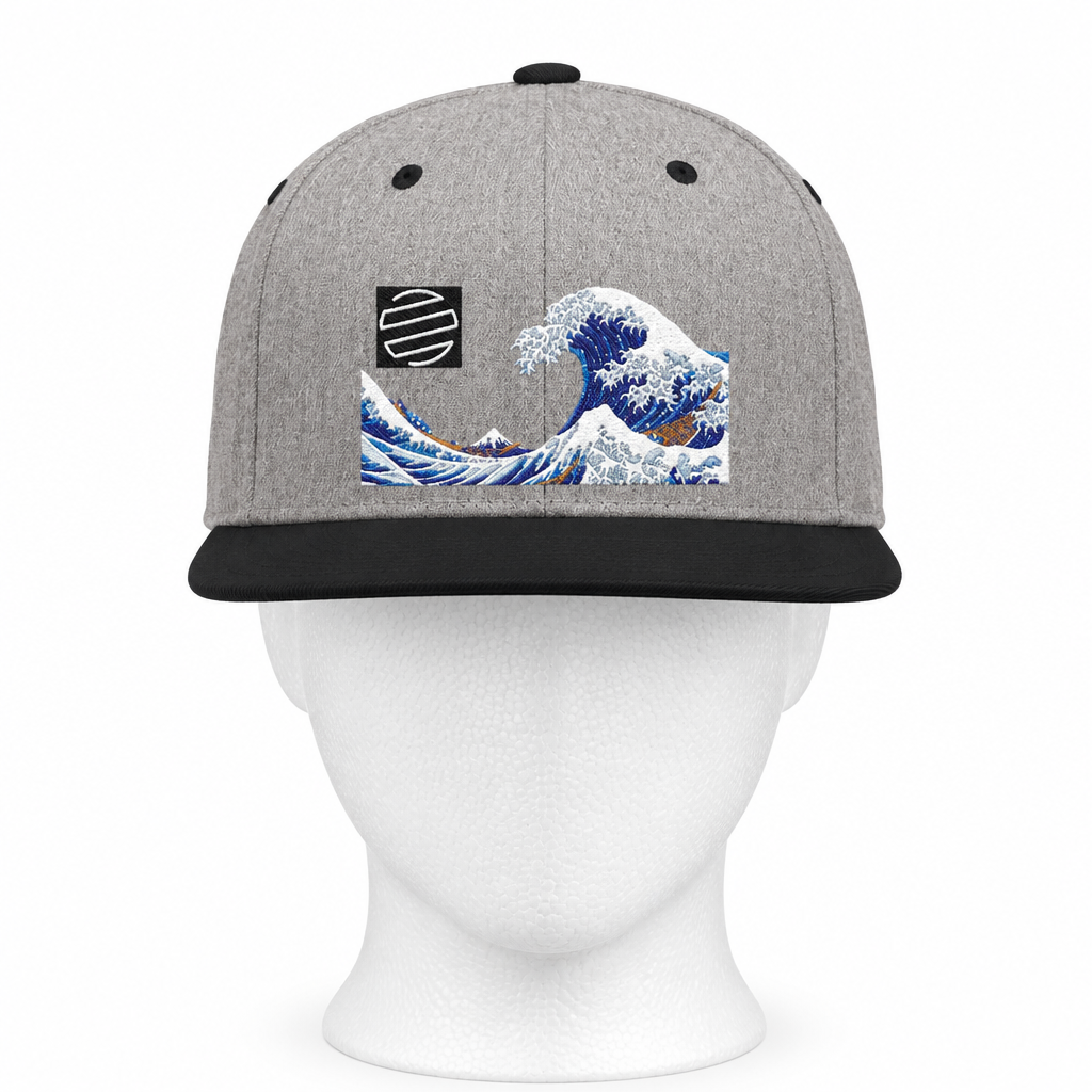 Snapback Hat — Blue Wave Japanese Art Flat-Bill Cap