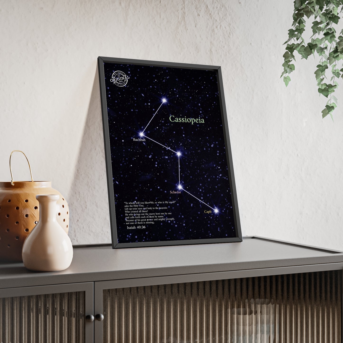 Cassiopeia Constellation Poster with Wooden Frame — Star Map Wall Art
