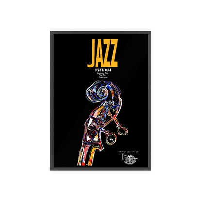 Jazz Festival Poster with Wooden Frame — Colorful Double Bass Art Print
