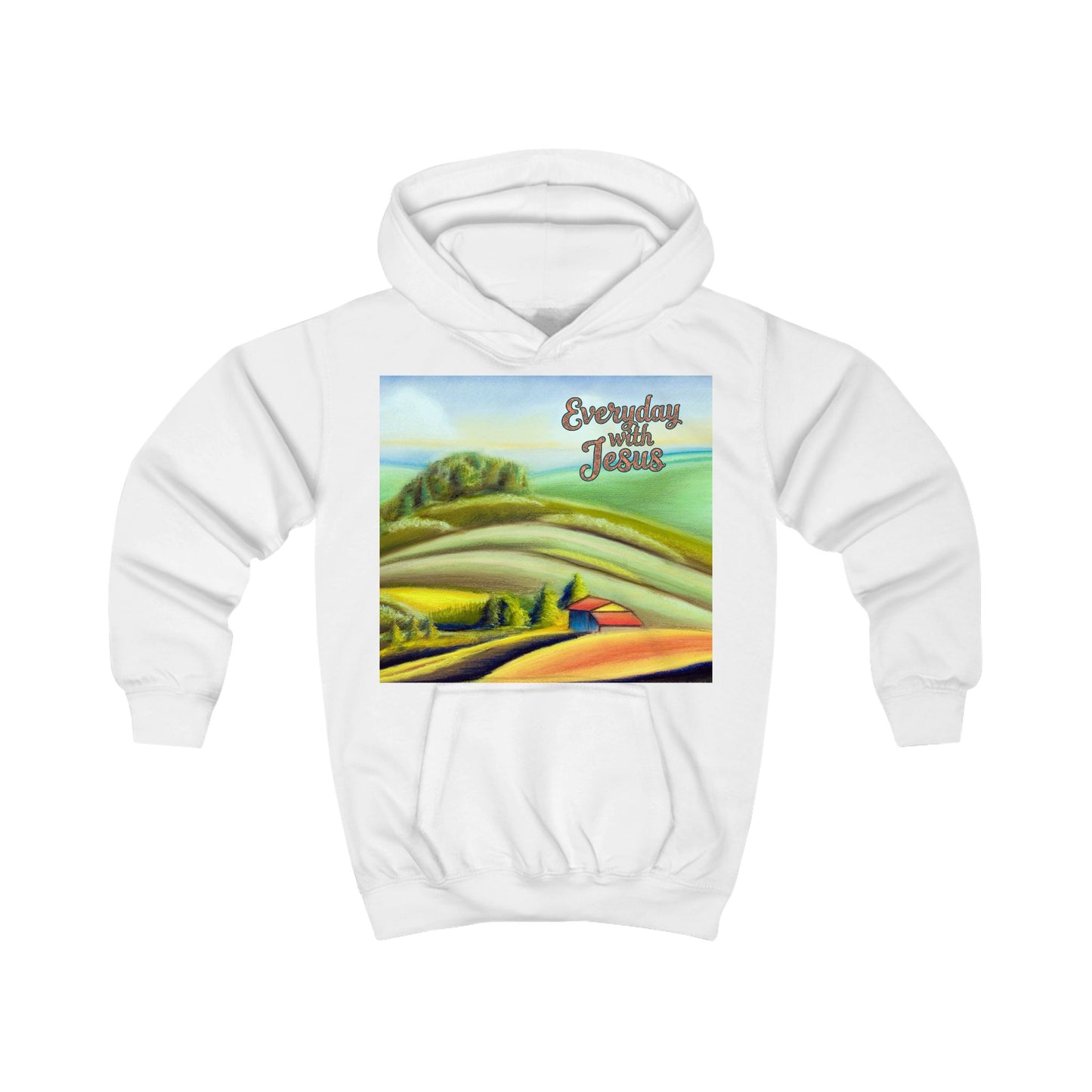 Kids Hoodie — 'Everyday Fresh Jesus' Pastel Landscape Hoodie with FAITH Back Graphic