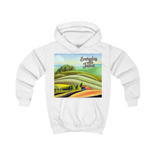 Kids Hoodie — 'Everyday Fresh Jesus' Pastel Landscape Hoodie with FAITH Back Graphic
