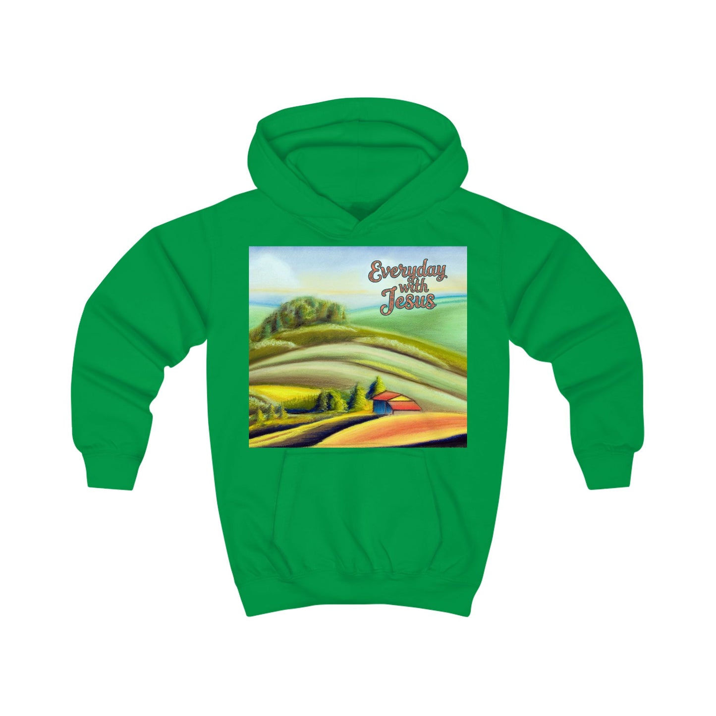 Kids Hoodie — 'Everyday Fresh Jesus' Pastel Landscape Hoodie with FAITH Back Graphic