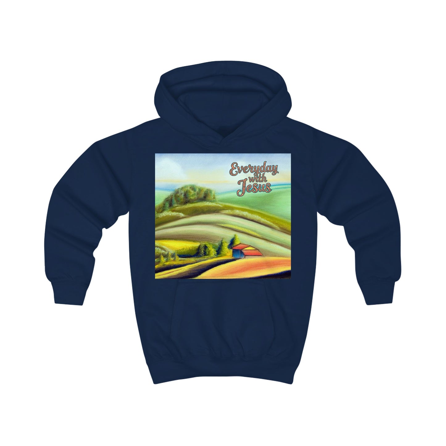 Kids Hoodie — 'Everyday Fresh Jesus' Pastel Landscape Hoodie with FAITH Back Graphic