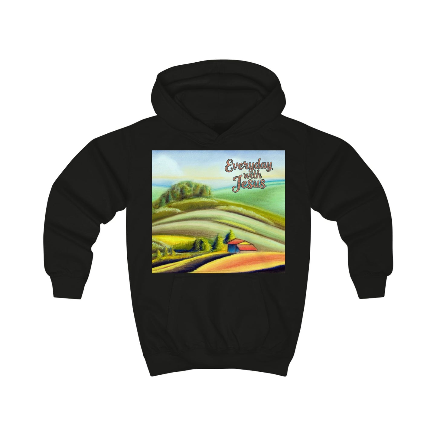 Kids Hoodie — 'Everyday Fresh Jesus' Pastel Landscape Hoodie with FAITH Back Graphic