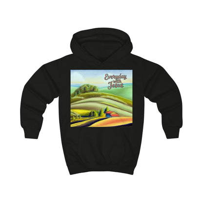 Kids Hoodie — 'Everyday Fresh Jesus' Pastel Landscape Hoodie with FAITH Back Graphic