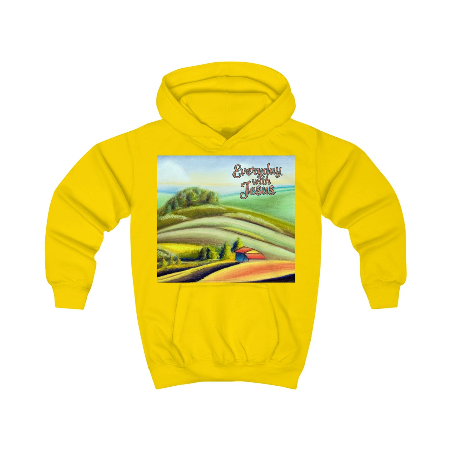 Kids Hoodie — 'Everyday Fresh Jesus' Pastel Landscape Hoodie with FAITH Back Graphic