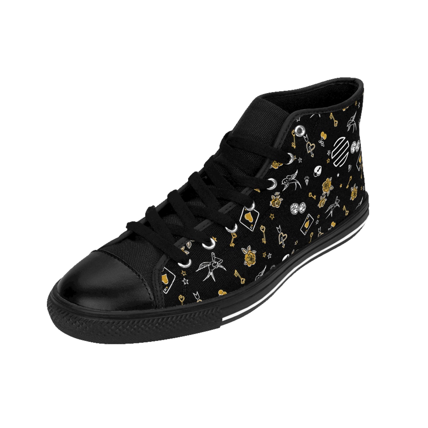 Women's Game Of Love Black Floral Pattern High-Top Sneakers — Gold & White