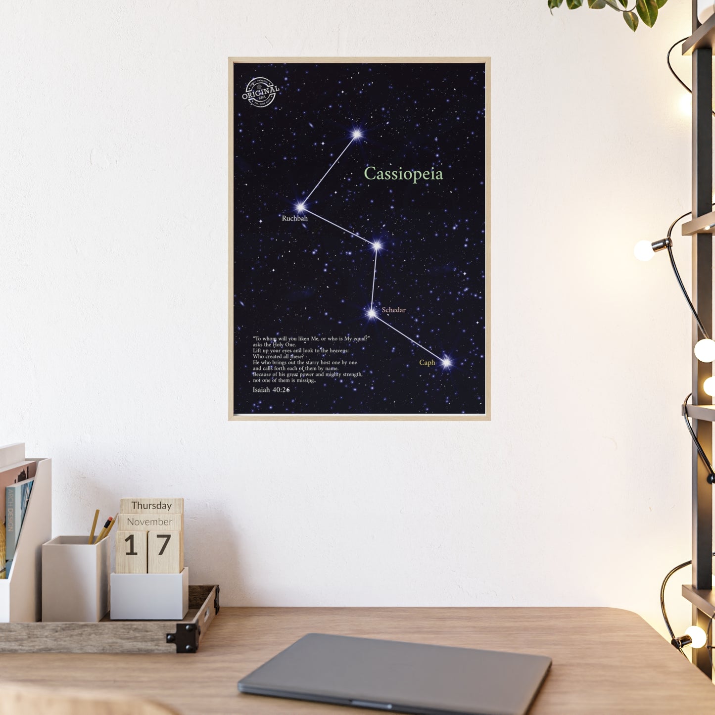 Cassiopeia Constellation Poster with Wooden Frame — Star Map Wall Art
