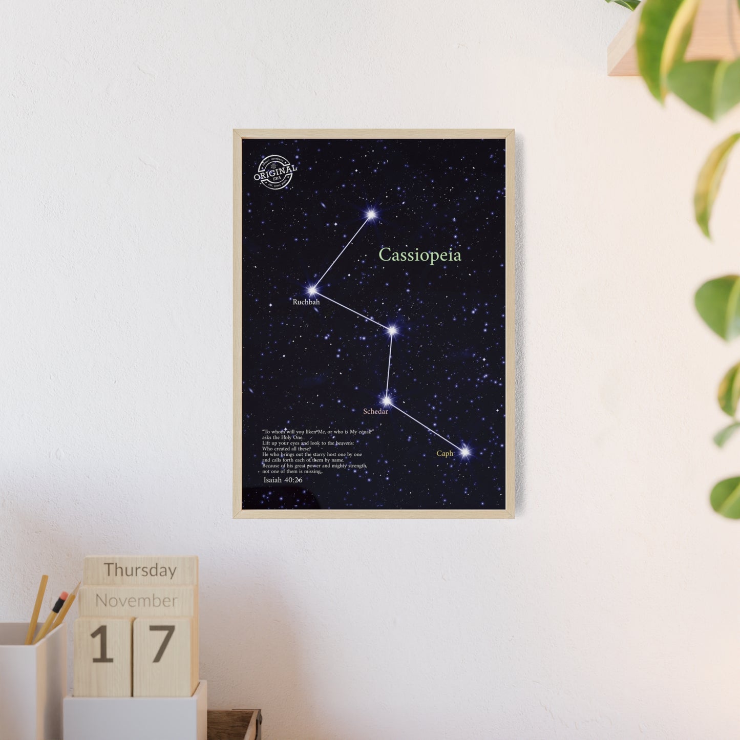 Cassiopeia Constellation Poster with Wooden Frame — Star Map Wall Art