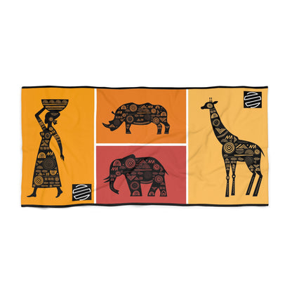 African Safari Animals Beach Towel – Giraffe, Elephant & Rhino Tribal Design