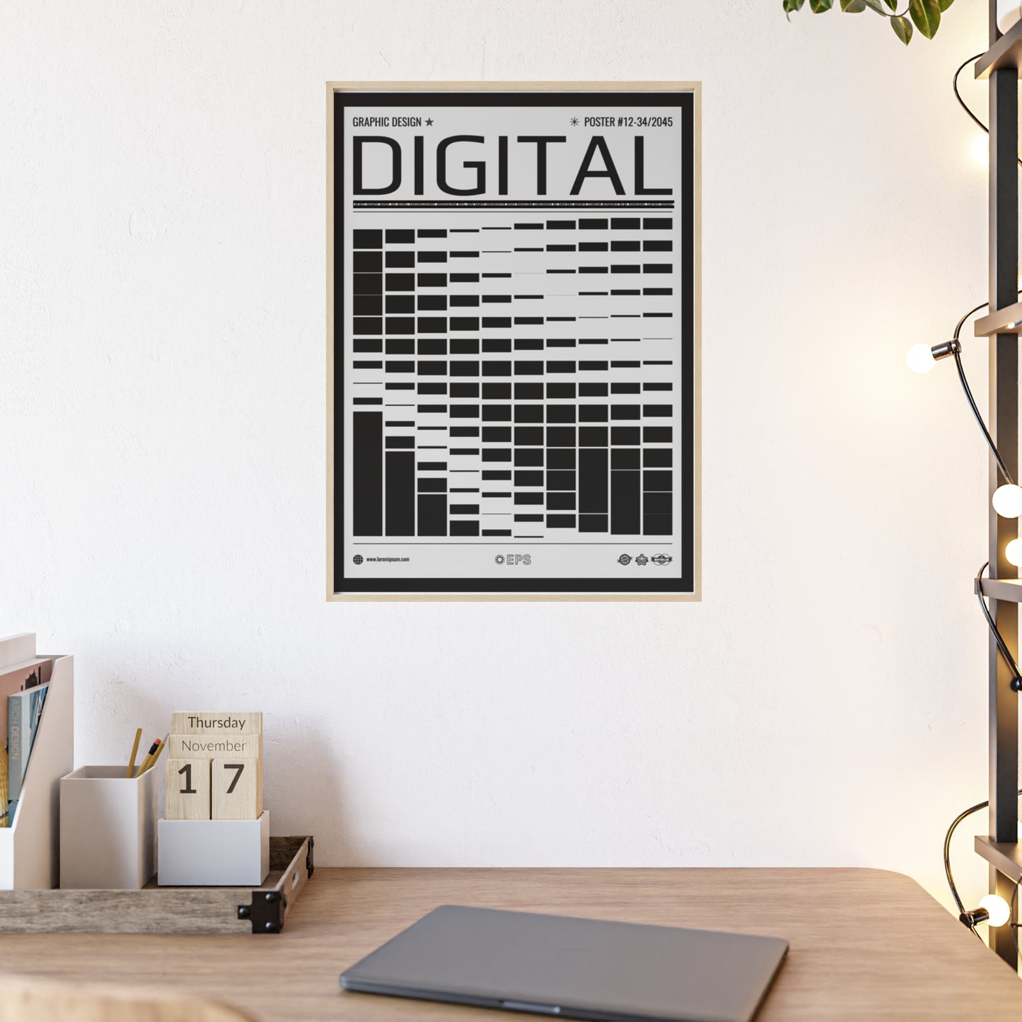 Digital Grid Poster with Wooden Frame — Modern Black & White Wall Art