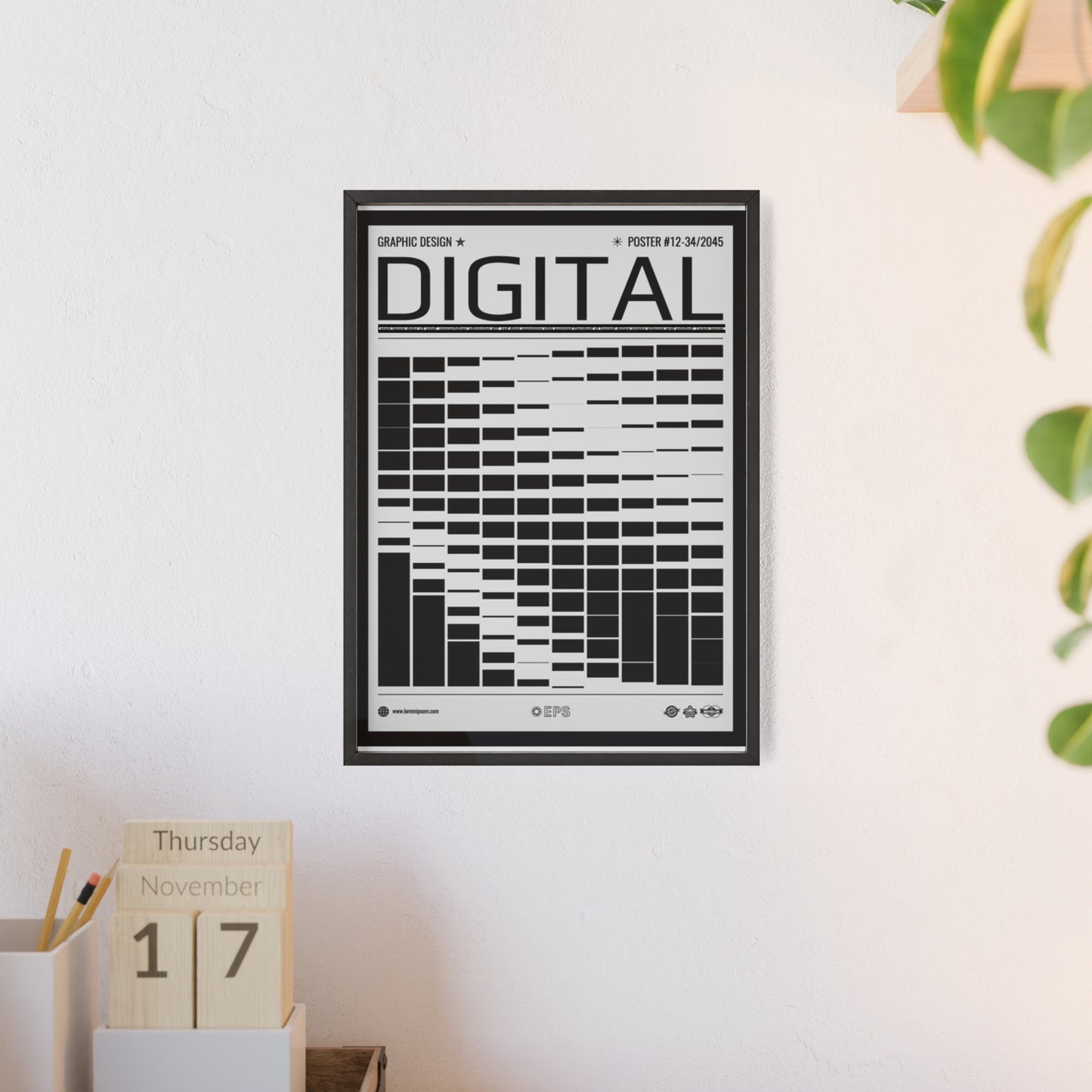 Digital Grid Poster with Wooden Frame — Modern Black & White Wall Art