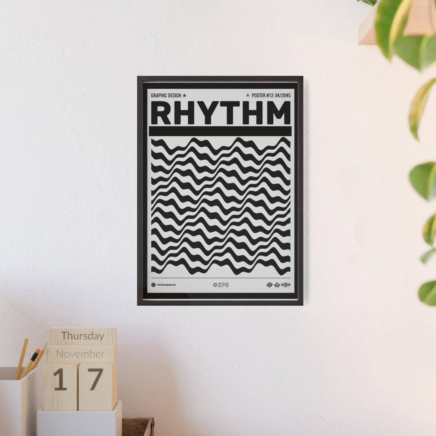 Rhythm Wave Art Poster with Wooden Frame — Black & White Modern Wall Print
