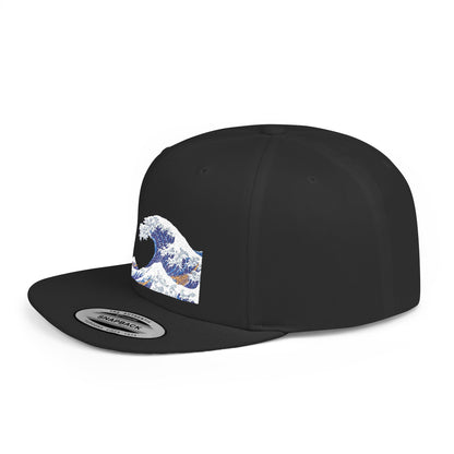 Snapback Hat — Blue Wave Japanese Art Flat-Bill Cap