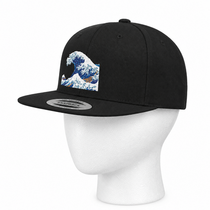 Snapback Hat — Blue Wave Japanese Art Flat-Bill Cap