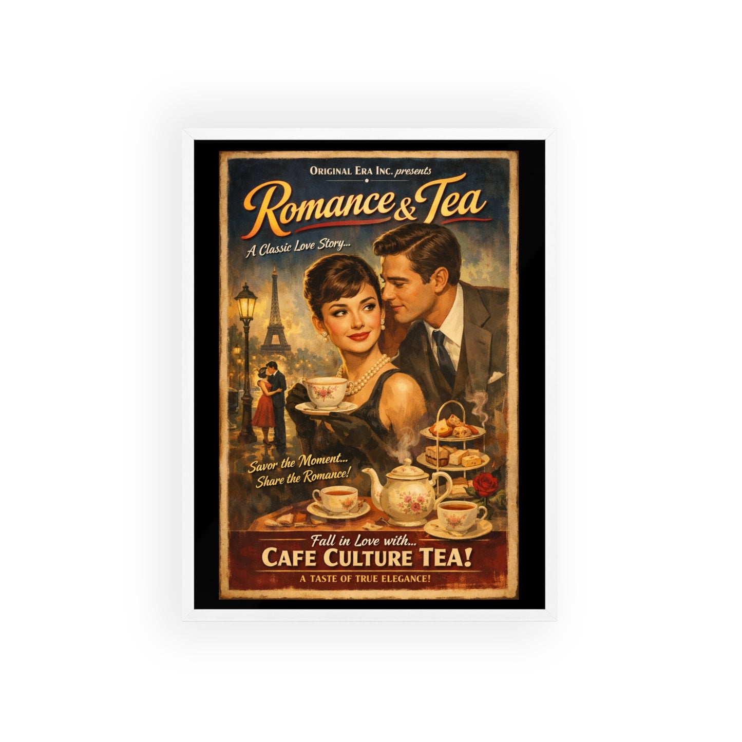 Romance & Tea Vintage Cafe Poster — Framed Wall Art