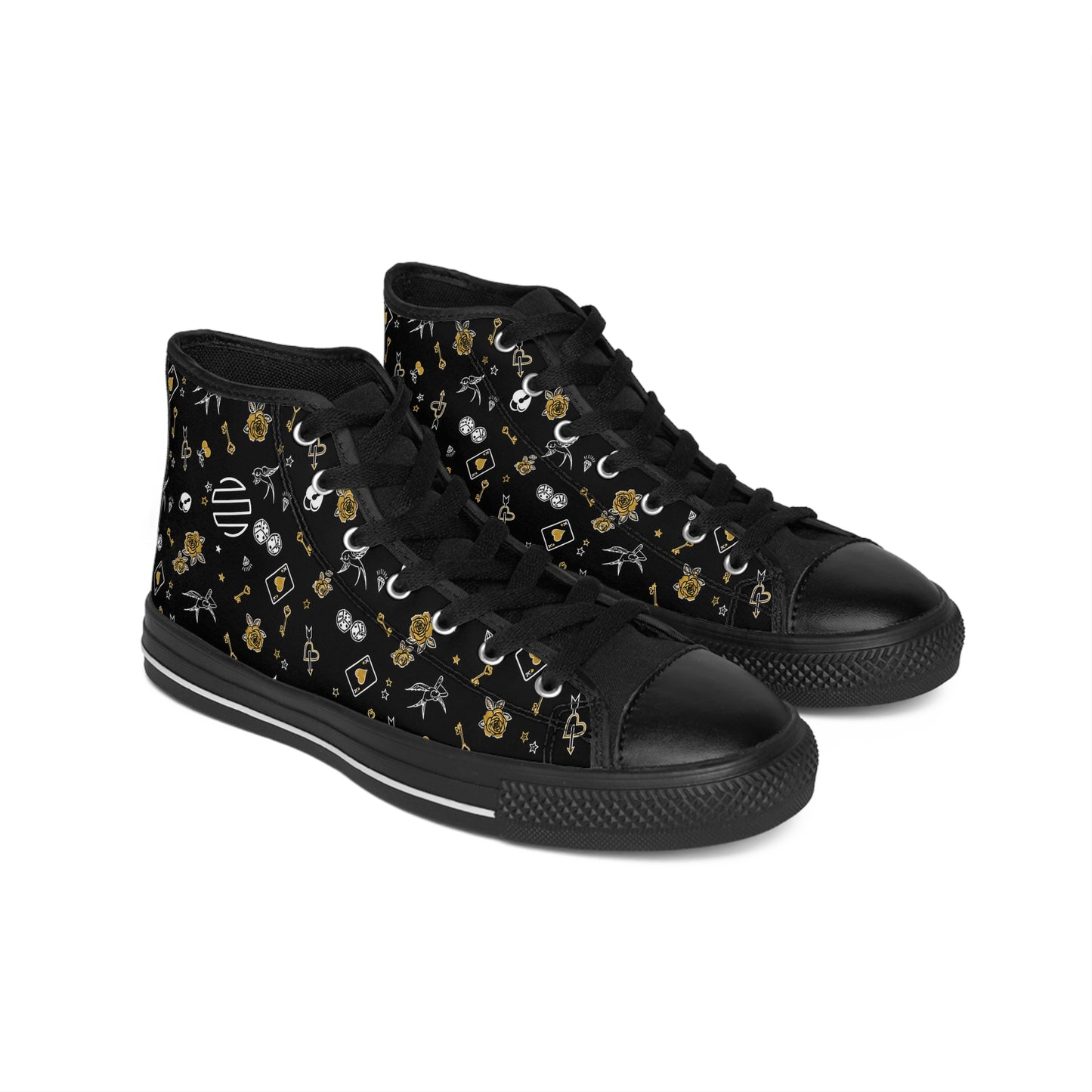 Game Of Love High-Top Sneakers — Black Floral Moon & Stars Pattern